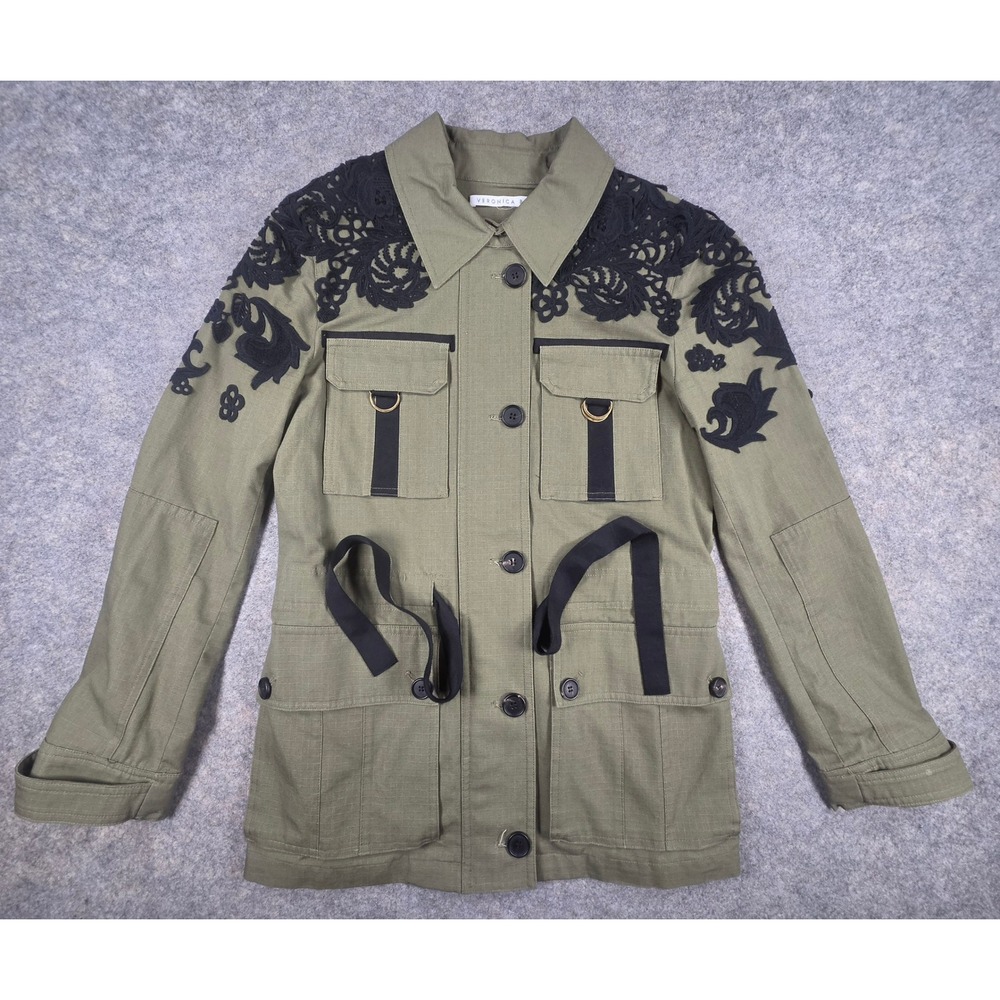 Veronica Beard Heritage Lace-Trim Utility Jacket Olive Green Ripstop Womens S